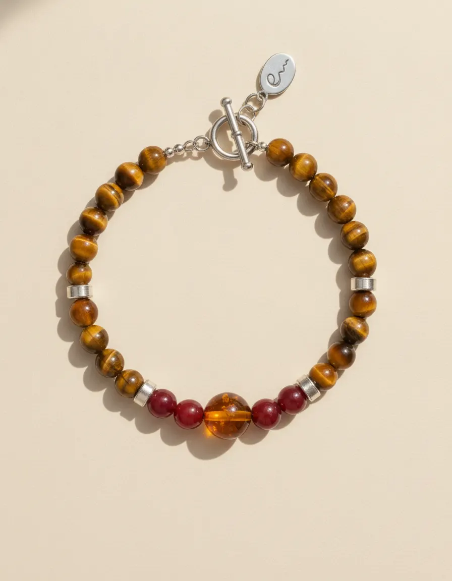 Fire and Earth bracelet Hearth, beaded with toggle clasp and River E tag on ivory