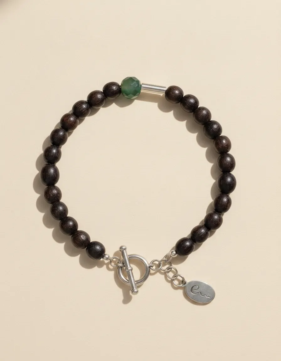 Wood bracelet Dark Timber, beaded with toggle clasp and River E tag on ivory